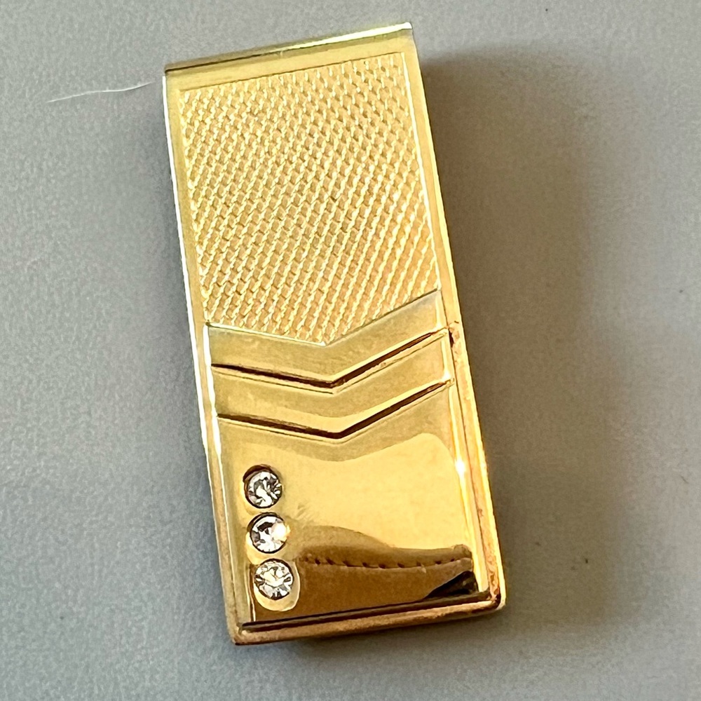 Money Clip Gold Tone Textured Three Rhinestones - Picture 2 of 6